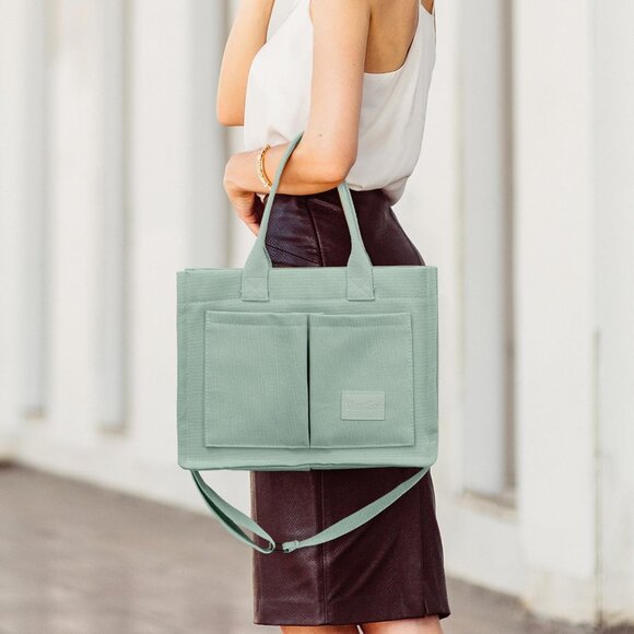 Green Canvas Multi-pocket Women's Tote Bag for Work, Travel, Shopping, Casual Us - Picture 7 of 7